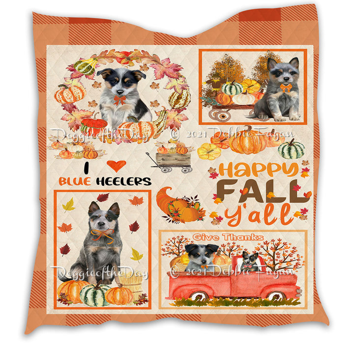 Happy Fall Y'all Pumpkin Blue Heeler Dogs Quilt Bed Coverlet Bedspread - Pets Comforter Unique One-side Animal Printing - Soft Lightweight Durable Washable Polyester Quilt
