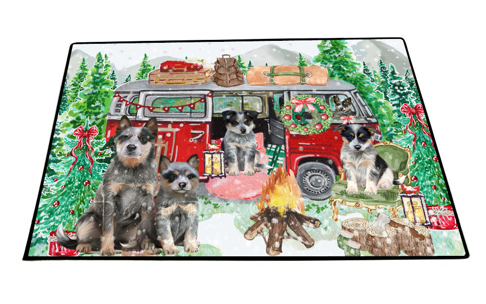 Christmas Time Camping with Blue Heeler Dogs Floor Mat- Anti-Slip Pet Door Mat Indoor Outdoor Front Rug Mats for Home Outside Entrance Pets Portrait Unique Rug Washable Premium Quality Mat