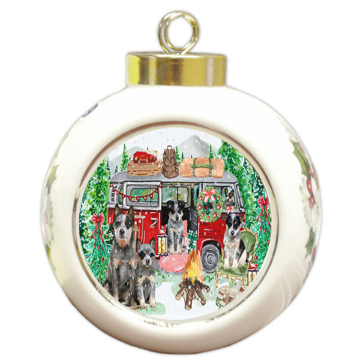 Christmas Time Camping with Blue Heeler Dogs Round Ball Christmas Ornament Pet Decorative Hanging Ornaments for Christmas X-mas Tree Decorations - 3" Round Ceramic Ornament