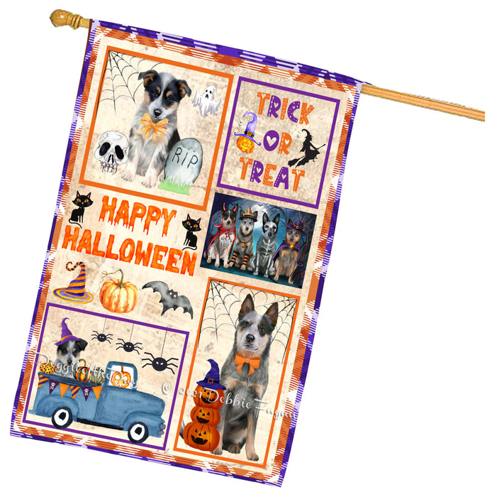 Happy Halloween Trick or Treat Blue Heeler Dogs House Flag Outdoor Decorative Double Sided Pet Portrait Weather Resistant Premium Quality Animal Printed Home Decorative Flags 100% Polyester
