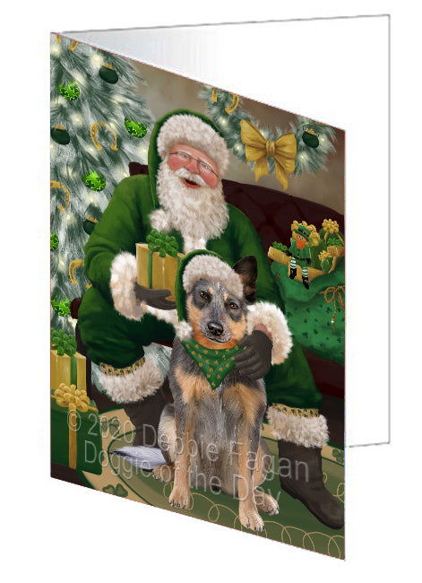 Christmas Irish Santa with Gift and Blue Heeler Dog Handmade Artwork Assorted Pets Greeting Cards and Note Cards with Envelopes for All Occasions and Holiday Seasons GCD75791