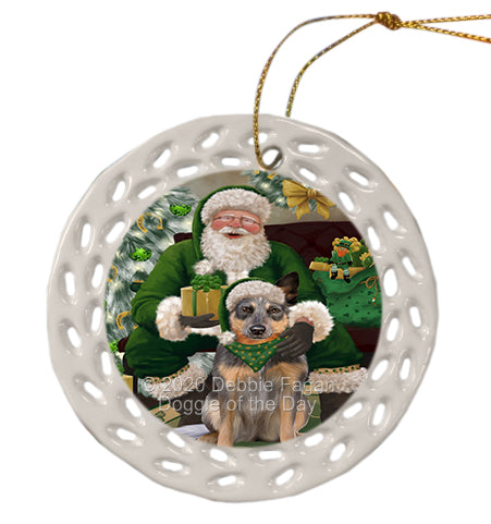 Christmas Irish Santa with Gift and Blue Heeler Dog Doily Ornament DPOR59469