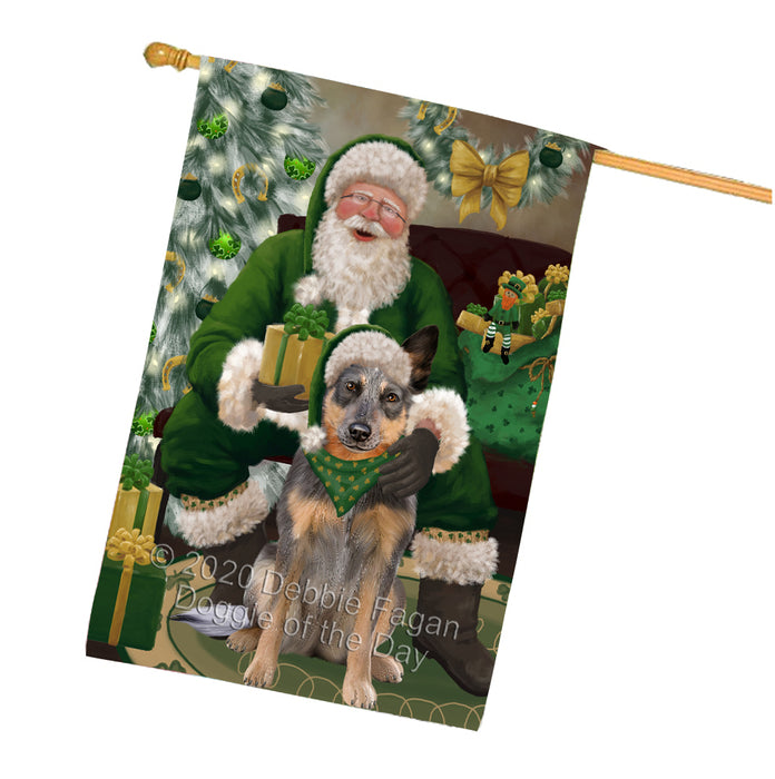 Christmas Irish Santa with Gift and Blue Heeler Dog House Flag FLG66679