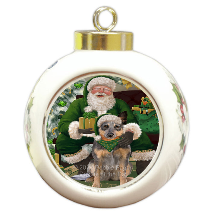 Christmas Irish Santa with Gift and Blue Heeler Dog Round Ball Christmas Ornament RBPOR57907