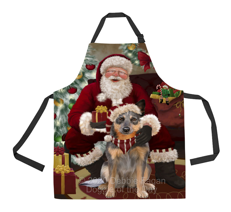 Santa's Christmas Surprise Blue Heeler Dog Apron - Adjustable Long Neck Bib for Adults - Waterproof Polyester Fabric With 2 Pockets - Chef Apron for Cooking, Dish Washing, Gardening, and Pet Grooming