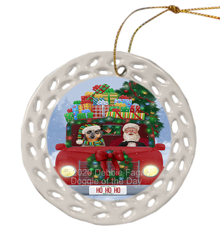 Christmas Honk Honk Red Truck with Santa and Blue Heeler Dog Doily Ornament DPOR59328