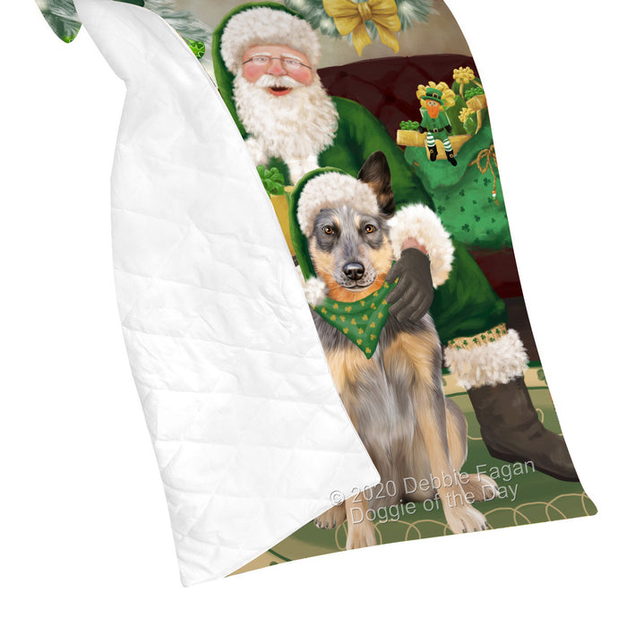 Christmas Irish Santa with Gift and Blue Heeler Dog Quilt Bed Coverlet Bedspread - Pets Comforter Unique One-side Animal Printing - Soft Lightweight Durable Washable Polyester Quilt