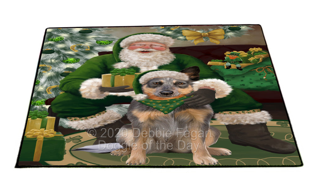Christmas Irish Santa with Gift and Blue Heeler Dog Indoor/Outdoor Welcome Floormat - Premium Quality Washable Anti-Slip Doormat Rug FLMS57094