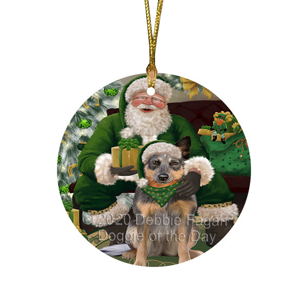 Christmas Irish Santa with Gift and Blue Heeler Dog Round Flat Christmas Ornament RFPOR57907