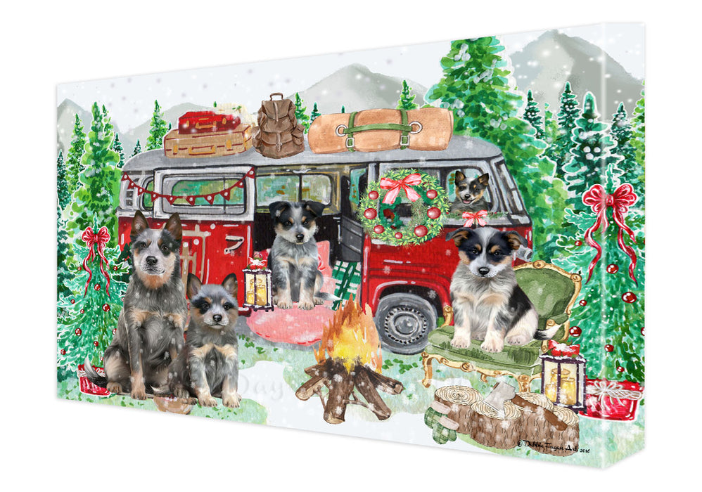 Christmas Time Camping with Blue Heeler Dogs Canvas Wall Art - Premium Quality Ready to Hang Room Decor Wall Art Canvas - Unique Animal Printed Digital Painting for Decoration