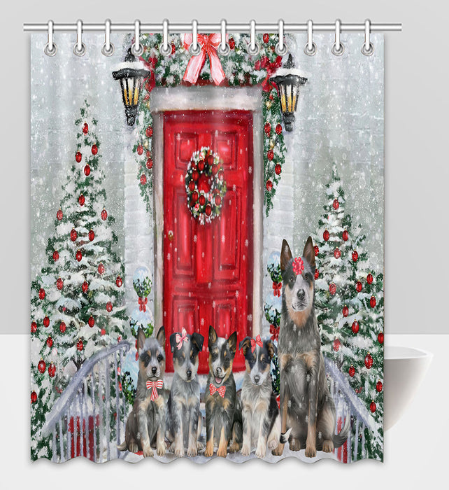 Christmas Holiday Welcome Blue Heeler Dogs Shower Curtain Pet Painting Bathtub Curtain Waterproof Polyester One-Side Printing Decor Bath Tub Curtain for Bathroom with Hooks