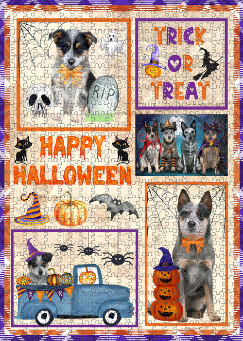 Happy Halloween Trick or Treat Blue Heeler Dogs Portrait Jigsaw Puzzle for Adults Animal Interlocking Puzzle Game Unique Gift for Dog Lover's with Metal Tin Box