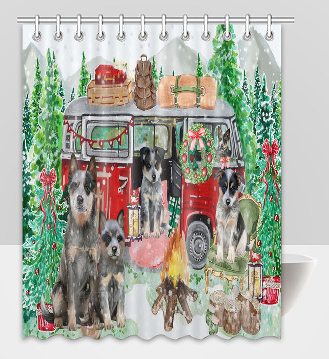 Christmas Time Camping with Blue Heeler Dogs Shower Curtain Pet Painting Bathtub Curtain Waterproof Polyester One-Side Printing Decor Bath Tub Curtain for Bathroom with Hooks