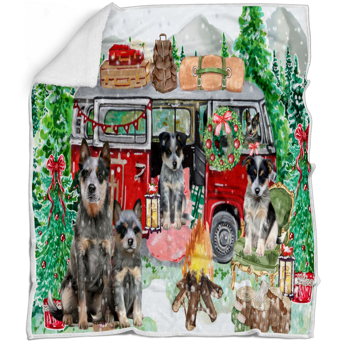 Christmas Time Camping with Blue Heeler Dogs Blanket - Lightweight Soft Cozy and Durable Bed Blanket - Animal Theme Fuzzy Blanket for Sofa Couch