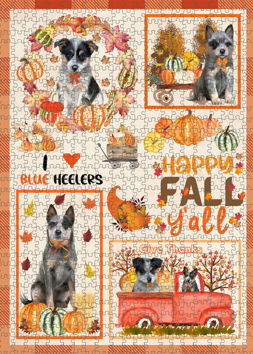 Happy Fall Y'all Pumpkin Blue Heeler Dogs Portrait Jigsaw Puzzle for Adults Animal Interlocking Puzzle Game Unique Gift for Dog Lover's with Metal Tin Box