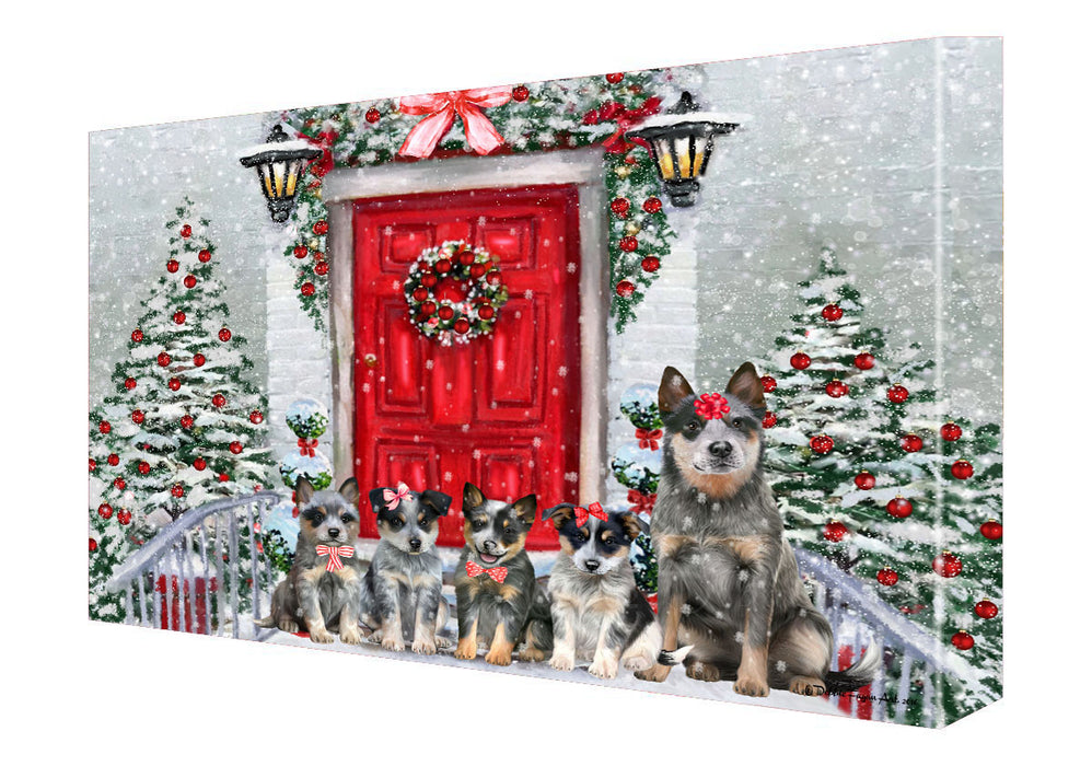 Christmas Holiday Welcome Blue Heeler Dogs Canvas Wall Art - Premium Quality Ready to Hang Room Decor Wall Art Canvas - Unique Animal Printed Digital Painting for Decoration