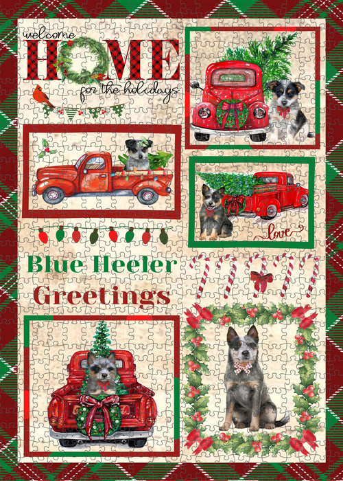 Welcome Home for Christmas Holidays Blue Heeler Dogs Portrait Jigsaw Puzzle for Adults Animal Interlocking Puzzle Game Unique Gift for Dog Lover's with Metal Tin Box