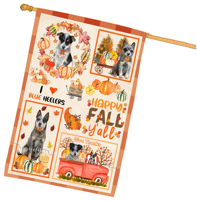 Happy Fall Y'all Pumpkin Blue Heeler Dogs House Flag Outdoor Decorative Double Sided Pet Portrait Weather Resistant Premium Quality Animal Printed Home Decorative Flags 100% Polyester