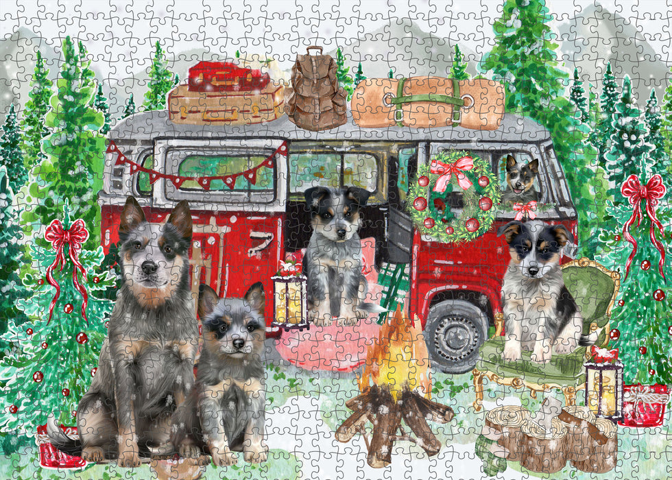 Christmas Time Camping with Blue Heeler Dogs Portrait Jigsaw Puzzle for Adults Animal Interlocking Puzzle Game Unique Gift for Dog Lover's with Metal Tin Box
