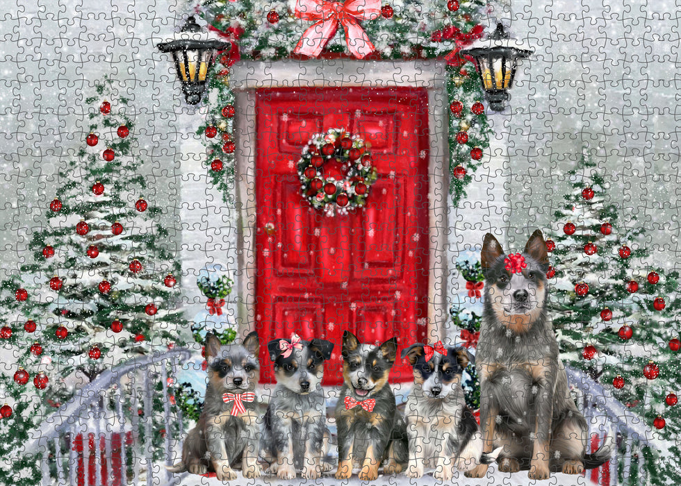 Christmas Holiday Welcome Blue Heeler Dogs Portrait Jigsaw Puzzle for Adults Animal Interlocking Puzzle Game Unique Gift for Dog Lover's with Metal Tin Box
