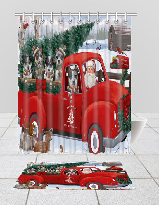 Christmas Santa Express Delivery Red Truck Blue Heeler Dogs Bath Mat and Shower Curtain Combo