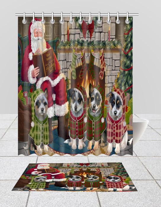 Christmas Cozy Holiday Fire Tails Blue Heeler Dogs Bath Mat and Shower Curtain Combo