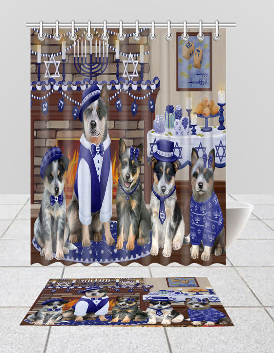 Happy Hanukkah Family Blue Heeler Dogs Bath Mat and Shower Curtain Combo