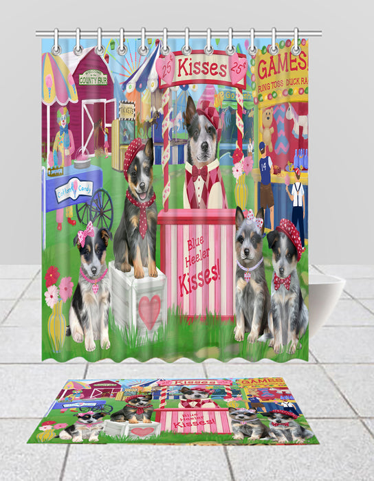 Carnival Kissing Booth Blue Heeler Dogs  Bath Mat and Shower Curtain Combo