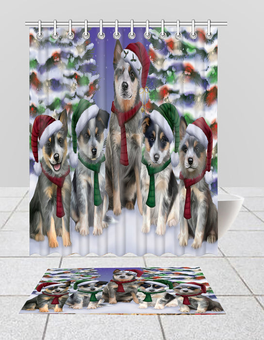 Blue Heeler Dogs Christmas Family Portrait in Holiday Scenic Background  Bath Mat and Shower Curtain Combo