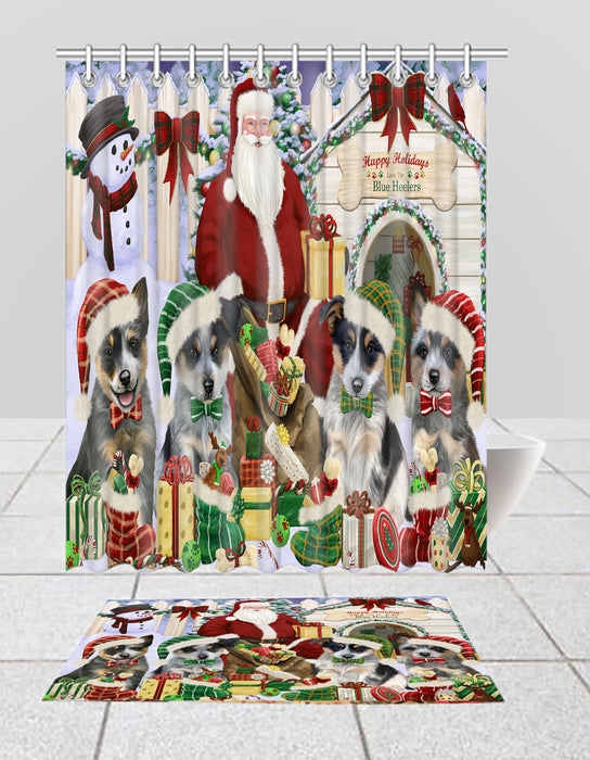 Happy Holidays Christmas Blue Heeler Dogs House Gathering Bath Mat and Shower Curtain Combo
