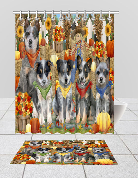 Fall Festive Harvest Time Gathering Blue Heeler Dogs Bath Mat and Shower Curtain Combo