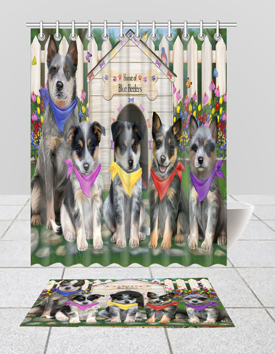 Spring Dog House Blue Heeler Dogs Bath Mat and Shower Curtain Combo