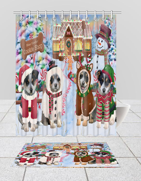 Holiday Gingerbread Cookie Blue Heeler Dogs  Bath Mat and Shower Curtain Combo