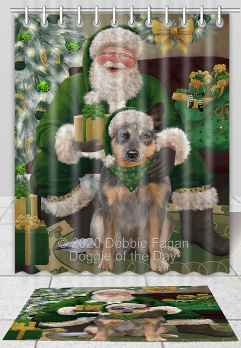 Christmas Irish Santa with Gift Blue Heeler Dog Bath Mat and Shower Curtain Combo