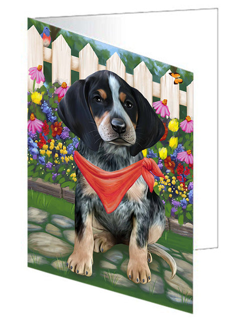Spring Dog House Bluetick Coonhounds Dog Handmade Artwork Assorted Pets Greeting Cards and Note Cards with Envelopes for All Occasions and Holiday Seasons GCD53417