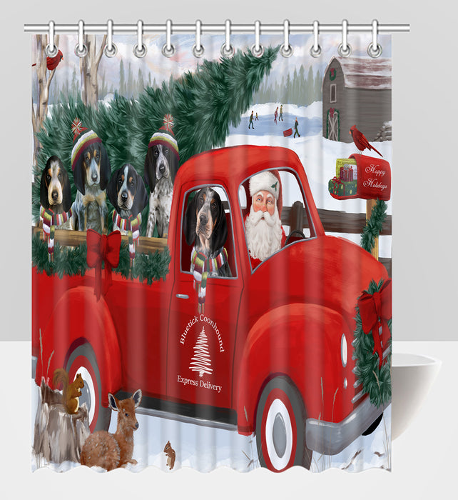 Christmas Santa Express Delivery Red Truck Bluetick Coonhound Dogs Shower Curtain