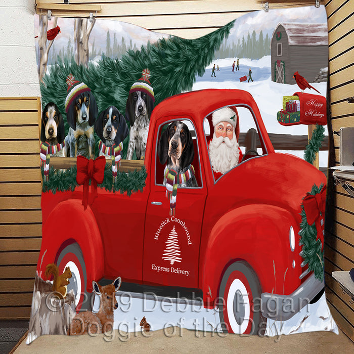 Christmas Santa Express Delivery Red Truck Bluetick Coonhound Dogs Quilt