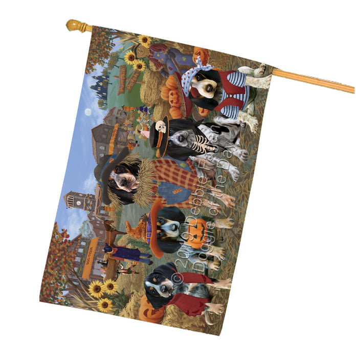 Halloween 'Round Town And Fall Pumpkin Scarecrow Both Bluetick Coonhound Dogs House Flag FLG65633
