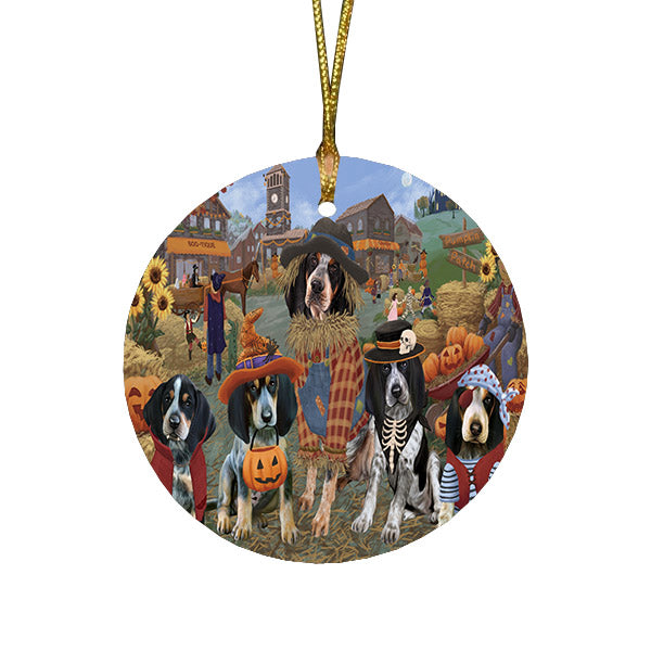 Halloween 'Round Town And Fall Pumpkin Scarecrow Both Bluetick Coonhound Dogs Round Flat Christmas Ornament RFPOR57381