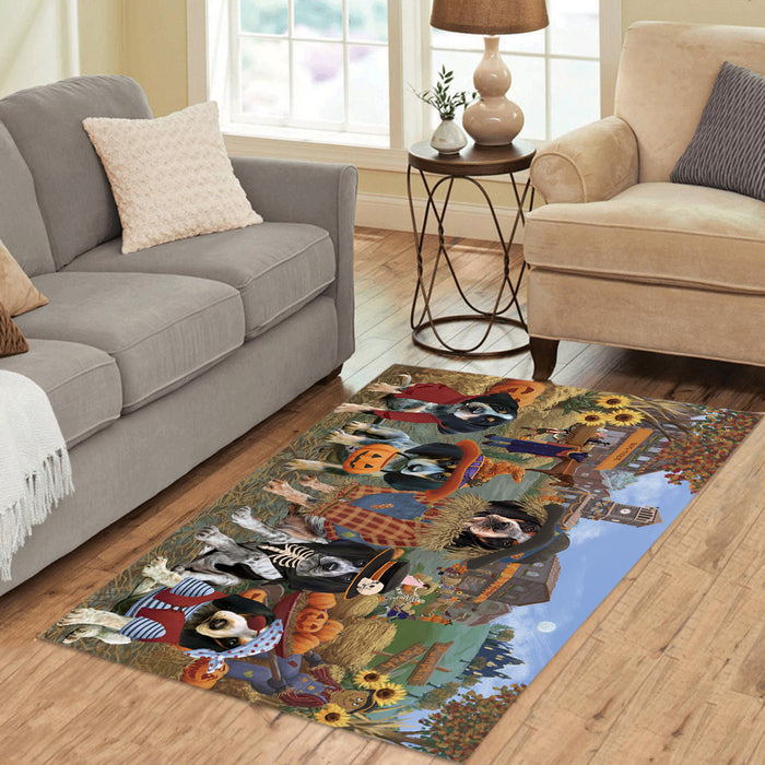 Halloween 'Round Town and Fall Pumpkin Scarecrow Both Bluetick Coonhound Dogs Area Rug