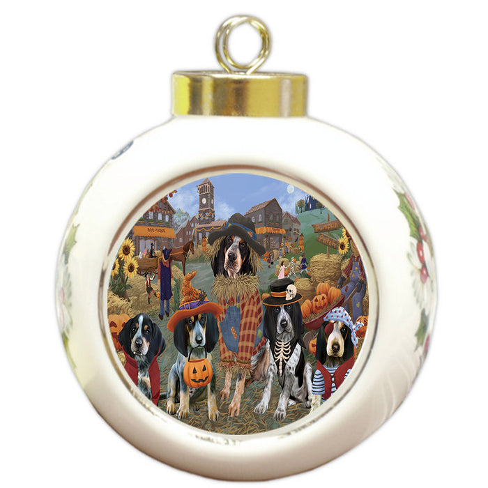 Halloween 'Round Town And Fall Pumpkin Scarecrow Both Bluetick Coonhound Dogs Round Ball Christmas Ornament RBPOR57381