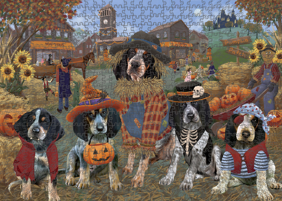 Halloween 'Round Town And Fall Pumpkin Scarecrow Both Bluetick Coonhound Dogs Puzzle with Photo Tin PUZL96216