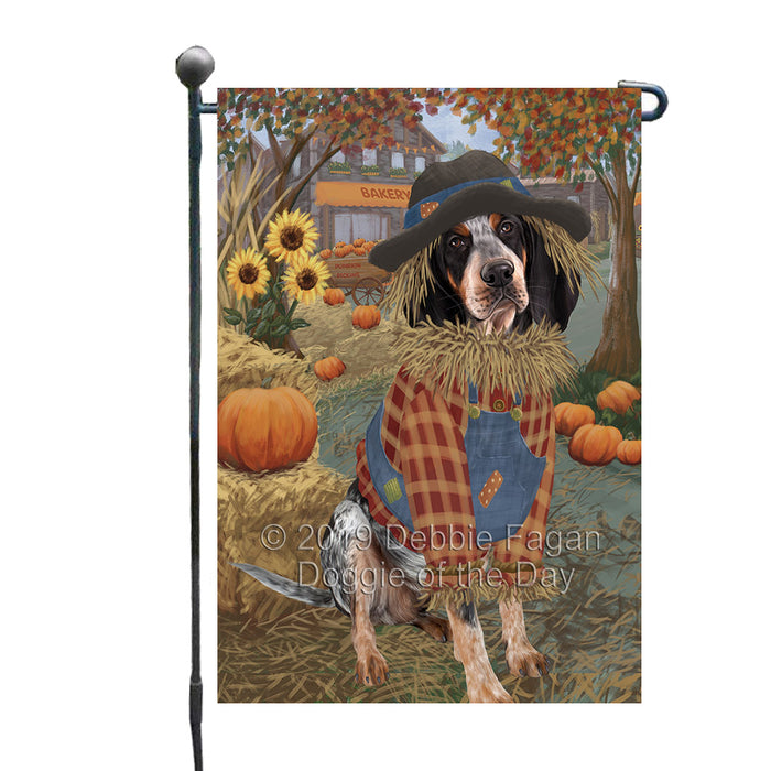 Halloween 'Round Town And Fall Pumpkin Scarecrow Both Bluetick Coonhound Dogs Garden Flag GFLG65638