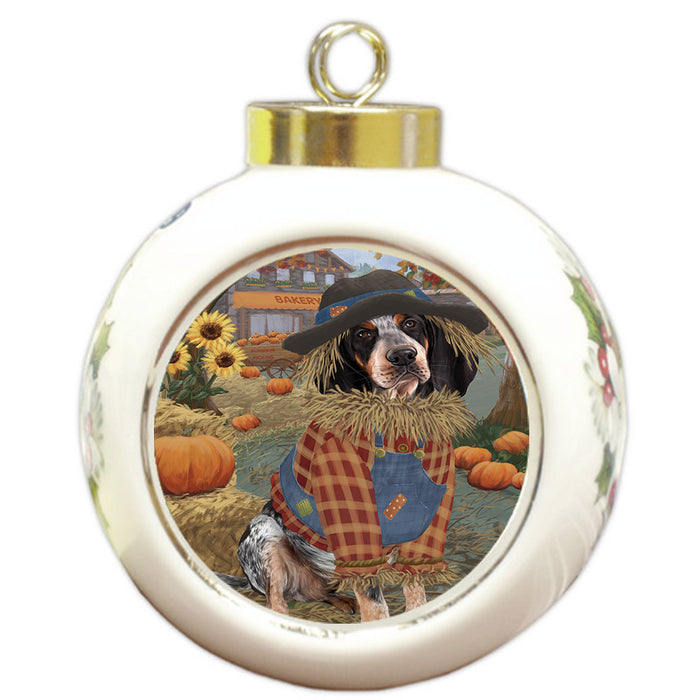 Halloween 'Round Town And Fall Pumpkin Scarecrow Both Bluetick Coonhound Dogs Round Ball Christmas Ornament RBPOR57442