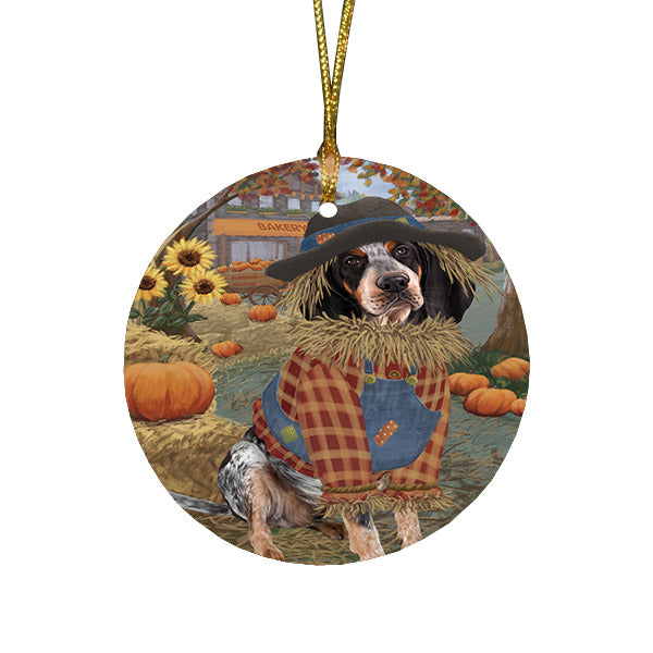Halloween 'Round Town And Fall Pumpkin Scarecrow Both Bluetick Coonhound Dogs Round Flat Christmas Ornament RFPOR57442