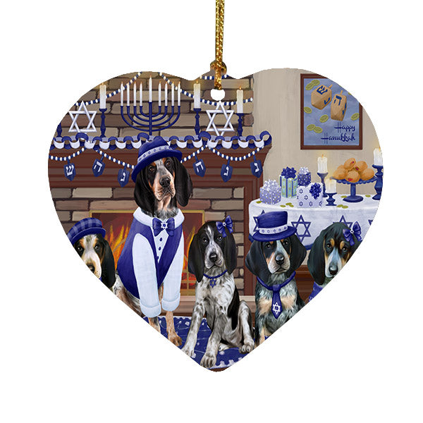 Happy Hanukkah Family Bluetick Coonhound Dogs Heart Christmas Ornament HPOR57599