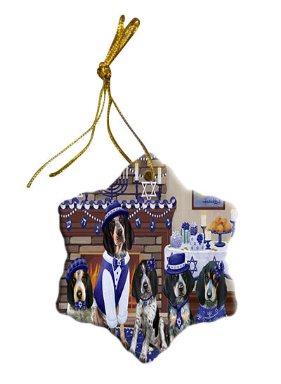 Happy Hanukkah Family Bluetick Coonhound Dogs Star Porcelain Ornament SPOR57599