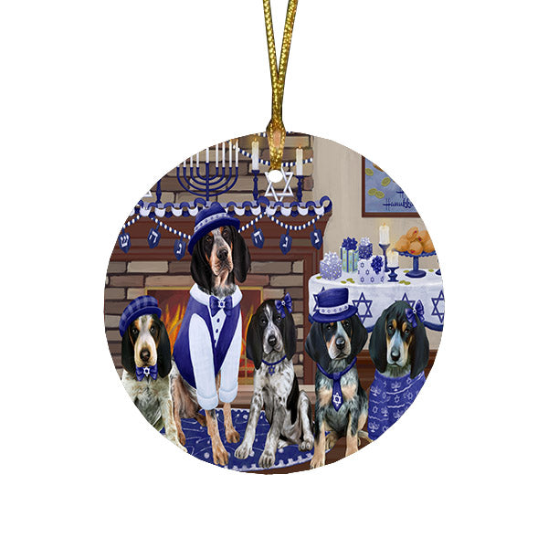Happy Hanukkah Family and Happy Hanukkah Both Bluetick Coonhound Dogs Round Flat Christmas Ornament RFPOR57503
