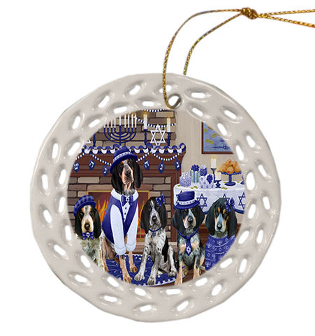 Happy Hanukkah Family Bluetick Coonhound Dogs Ceramic Doily Ornament DPOR57599