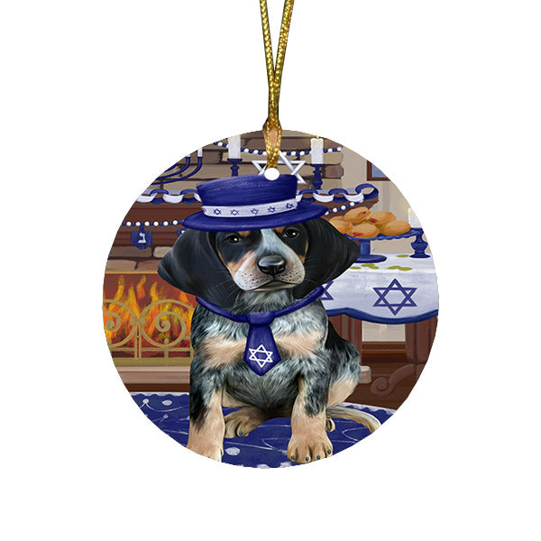 Happy Hanukkah Family and Happy Hanukkah Both Bluetick Coonhound Dog Round Flat Christmas Ornament RFPOR57559
